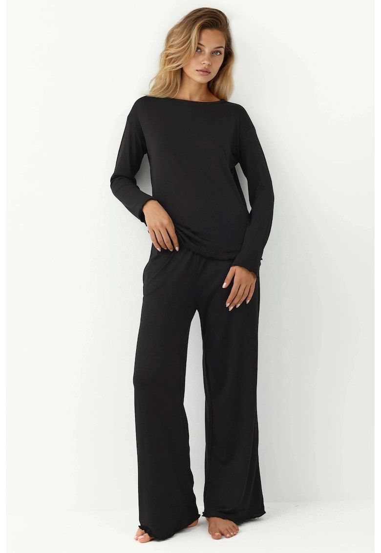Set pijama dama confortabil - maneca lunga - negru - jerseu