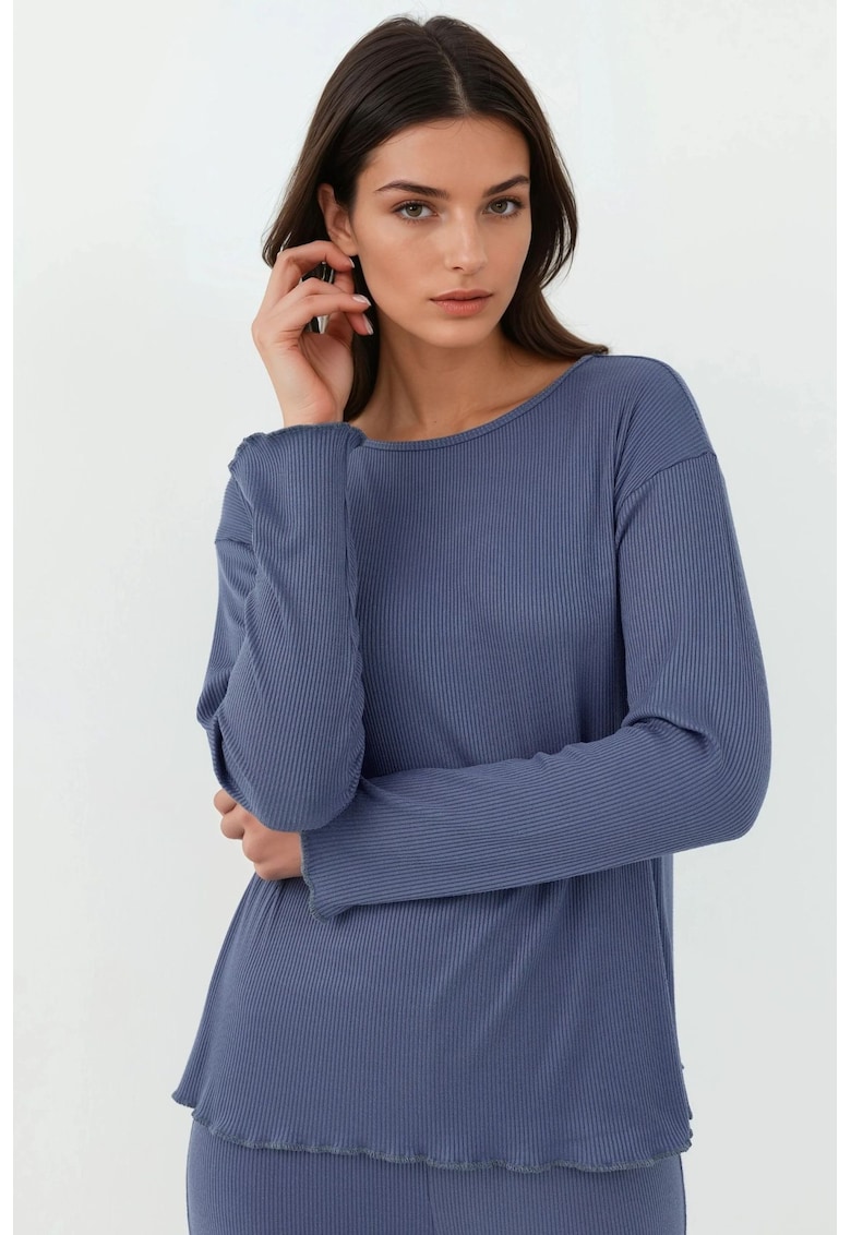 Set pijamale dama talie inalta - maneca lunga - albastru inchis - jerseu