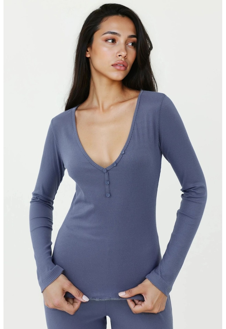 Set de pijamale - decolteu in V - croiala larga - albastru glaciar - elastan/ poliester