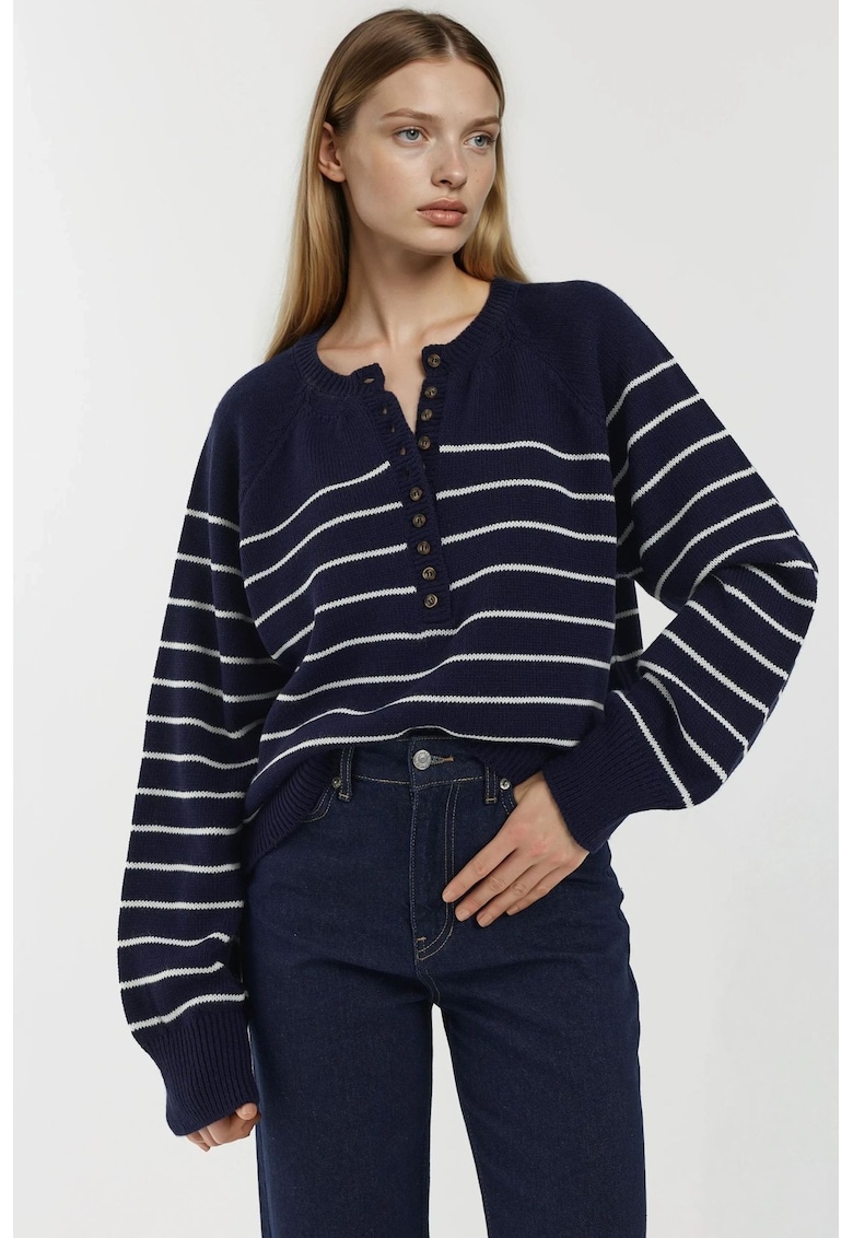 Pulover dama - cu dungi - detalii cu nasturi - bleumarin - tricot