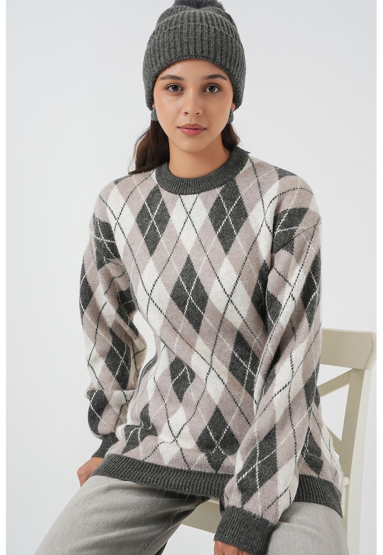 Pulover dama - pulover tricotat cu model geometric - maneca lunga - gri - tricot -