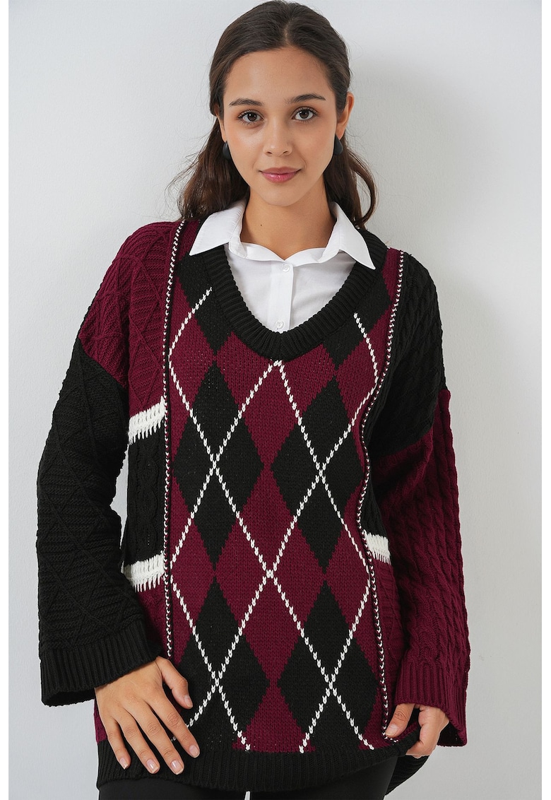 Pulover dama croiala lejera - decolteu in V - model geometric - visiniu - tricot -