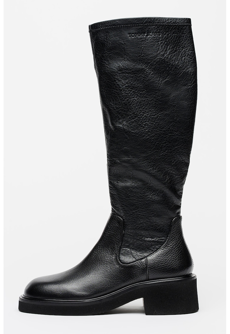 Cizme inalte pana la genunchi din piele si toc masiv