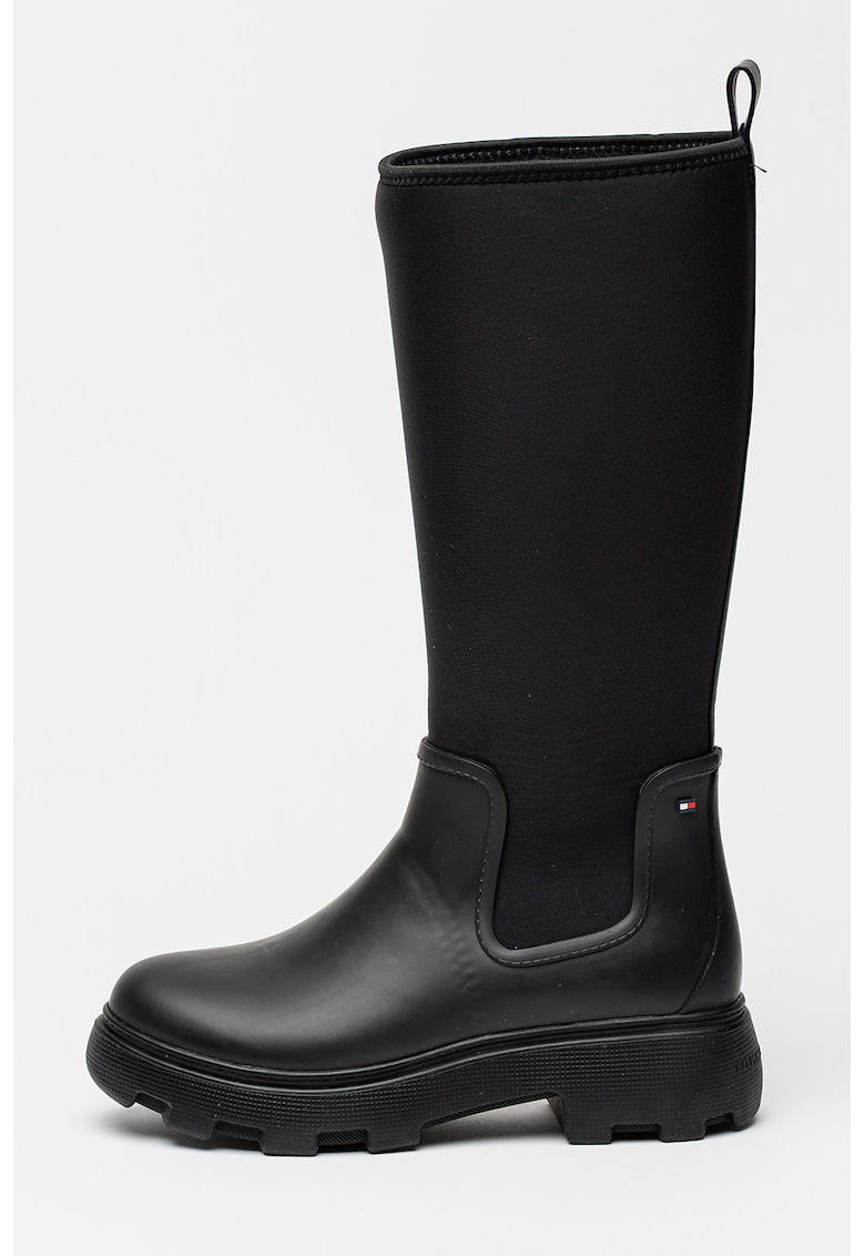 Cizme lungi de piele ecologica cu insertii din material textil