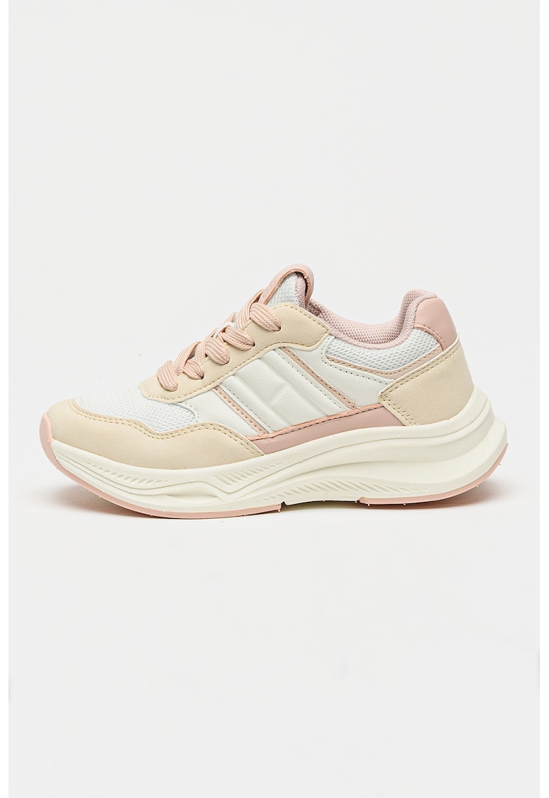 Pantofi sport de piele ecologica si material textil - Alb murdar/Nude