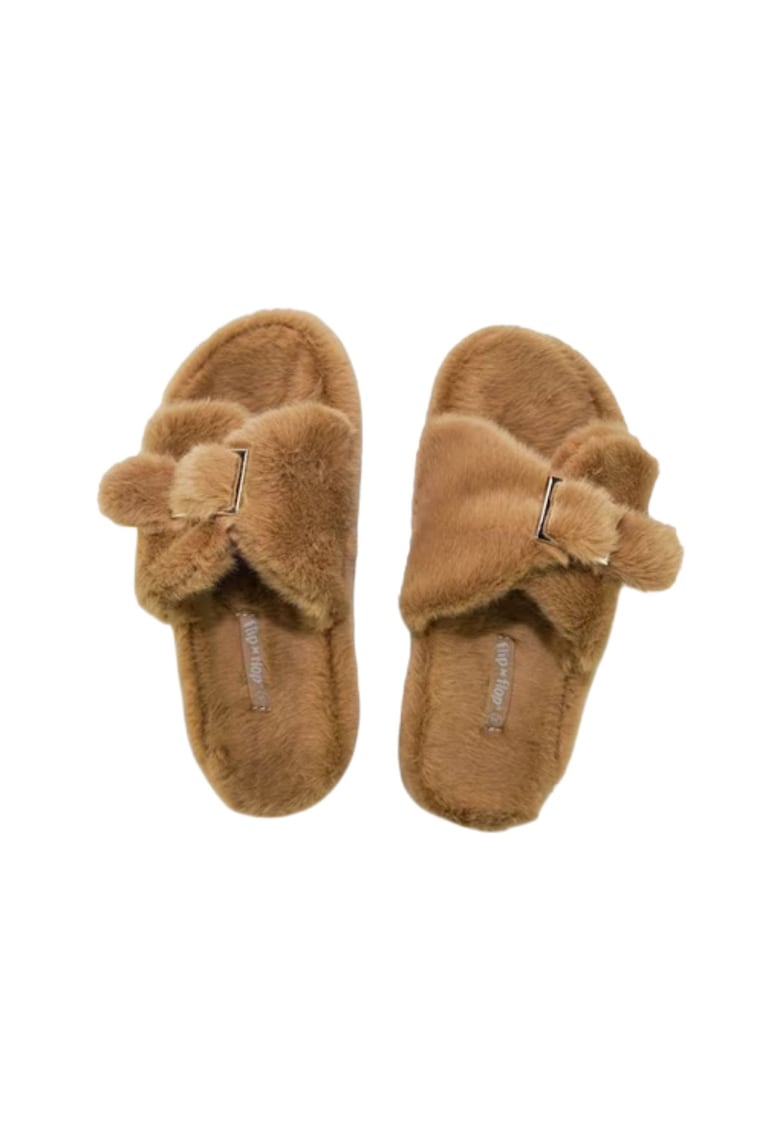 Papuci de dama cu catarama din piele - caldurosi si confortabili - negri - 40