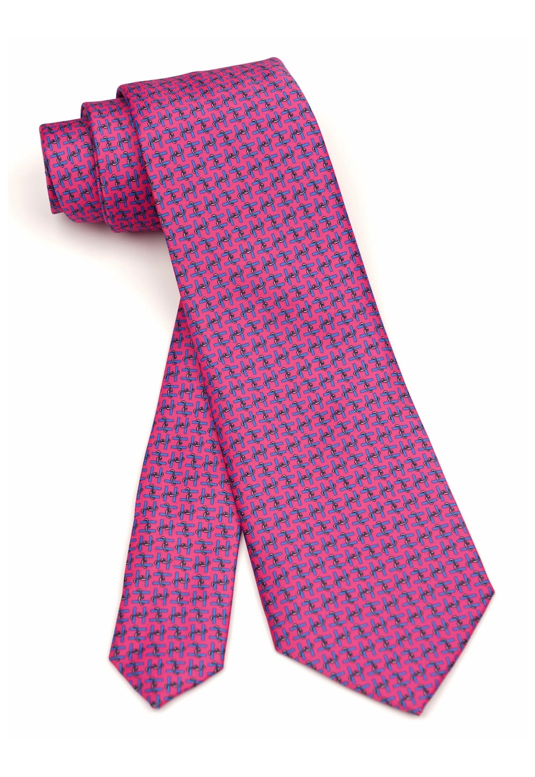 Cravata fucsia clasica cu model geometric albastru