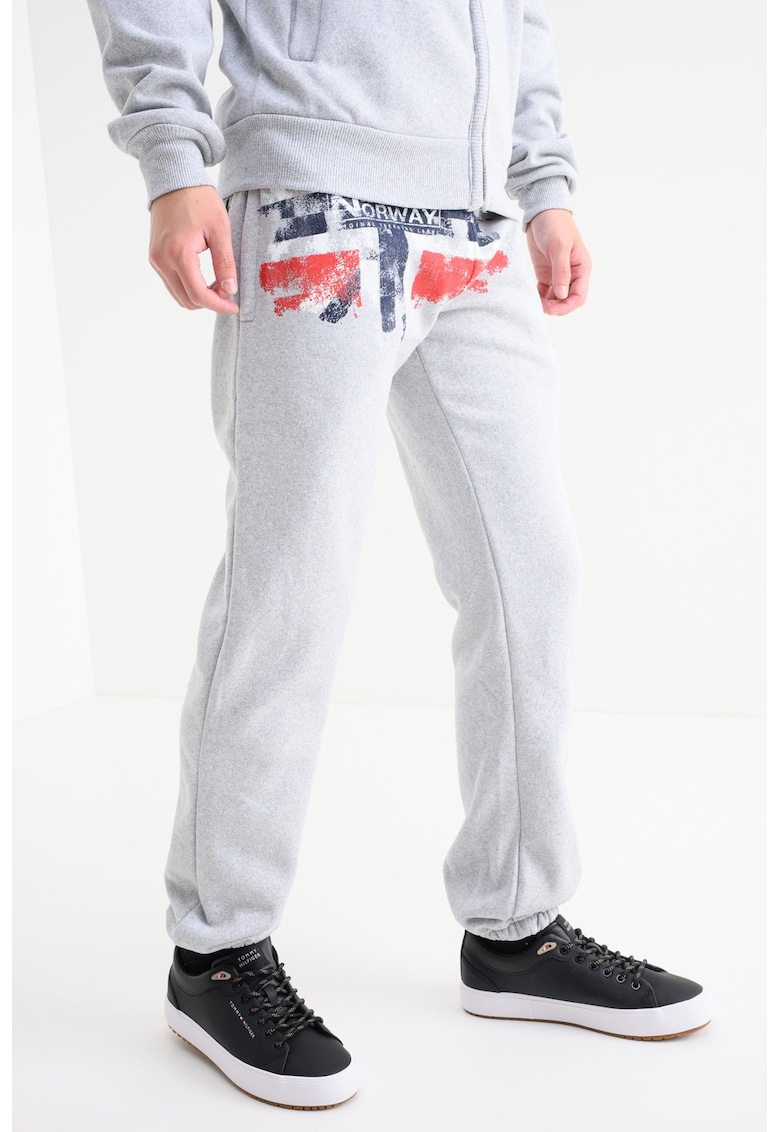 Pantaloni de trening cu logo Mapote - Gri melange/Rosu vermillion