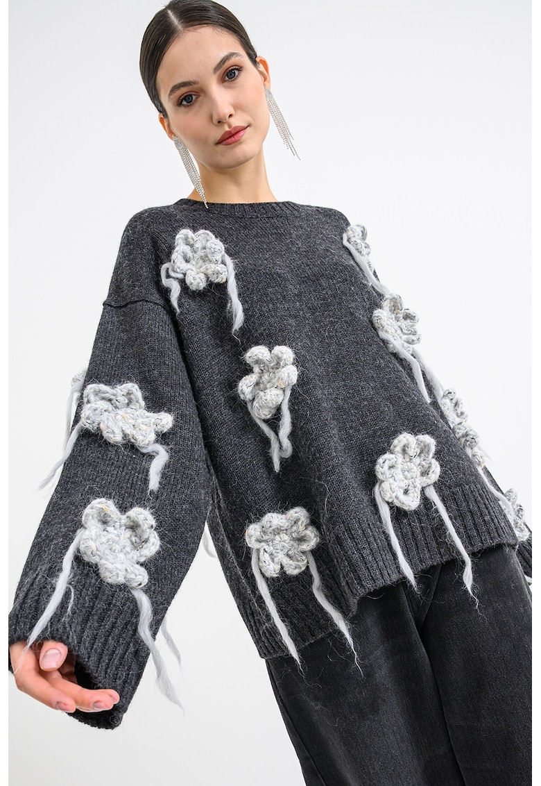 Pulover din amestec de lana cu detalii florale