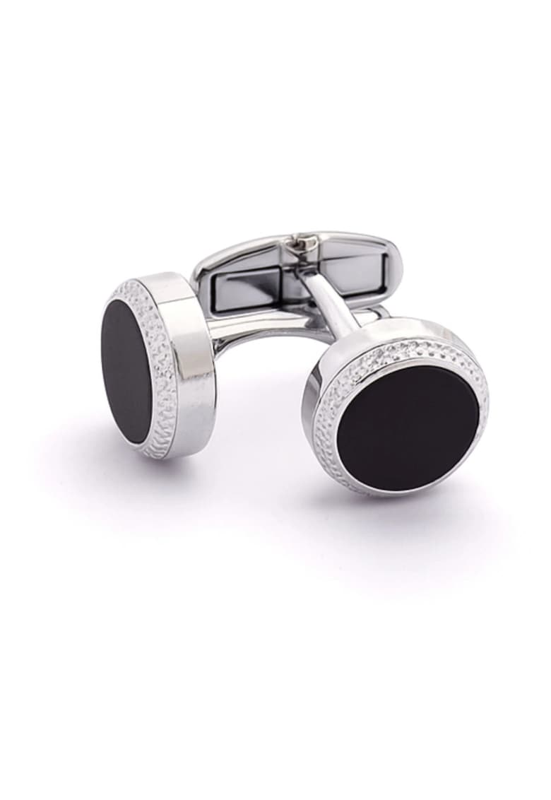 Butoni rotunzi argintii cu insertie neagra si margine texturata