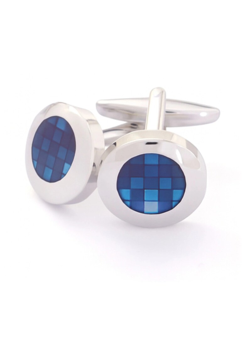 Butoni rotunzi argintii cu insertie albastra decorativa