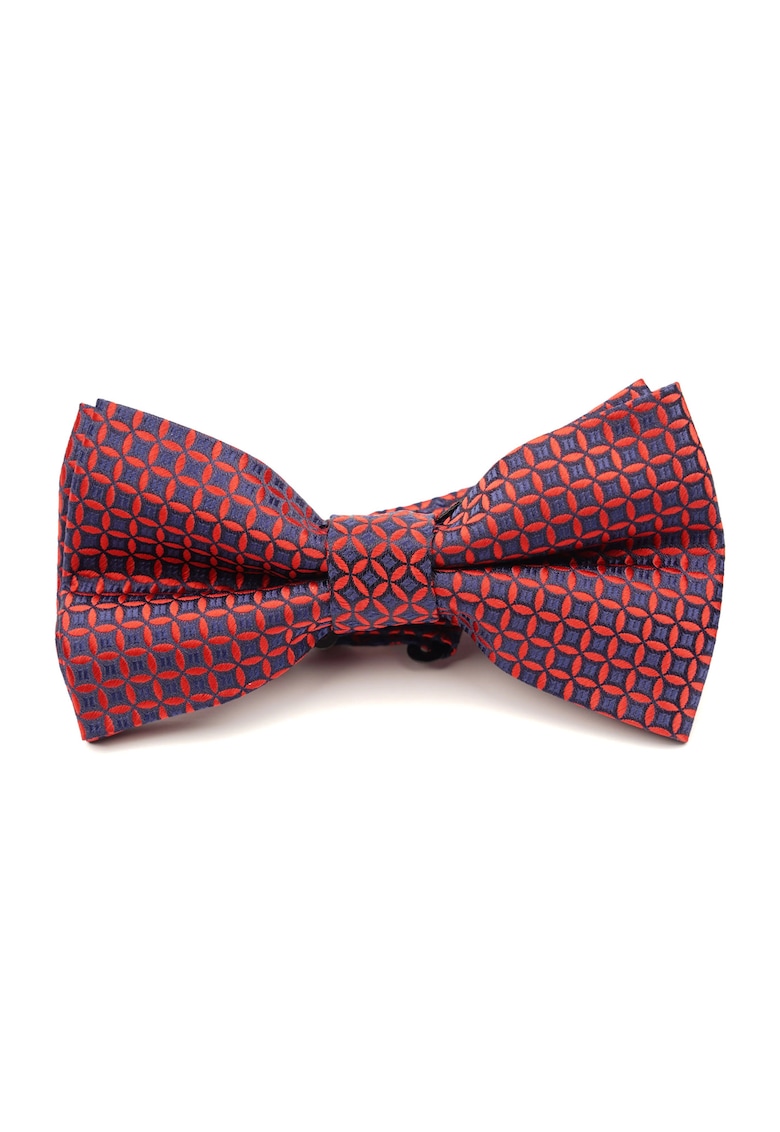Papion pre-legat albastru cu model geometric rosu din matase