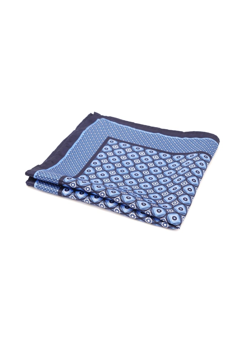 Batista de buzunar albastra cu imprimeu geometric si margine contrastanta