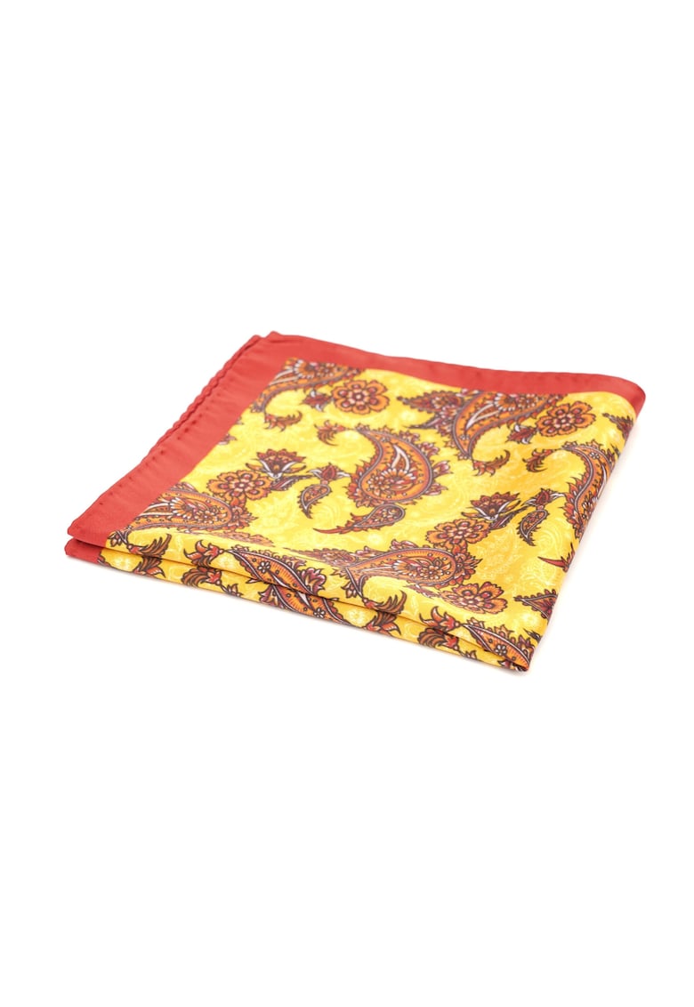 Batista de buzunar galbena cu imprimeu paisley rosu si margine rosie