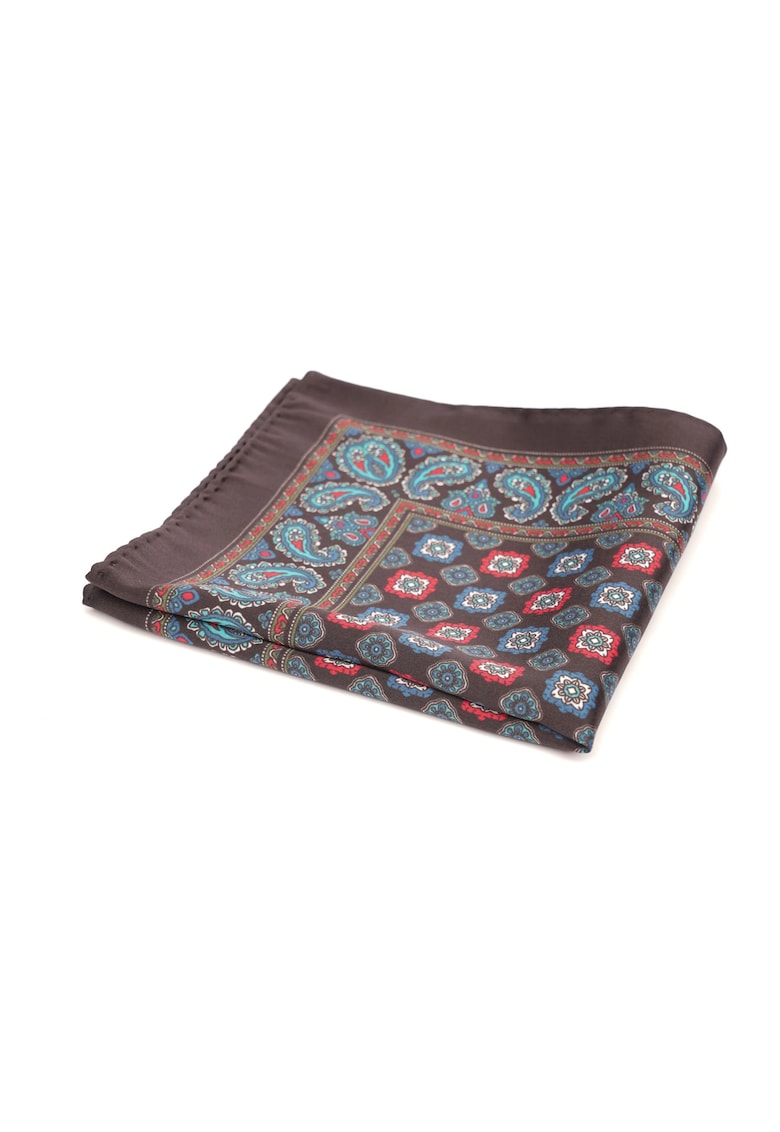 Batista de buzunar maro cu imprimeu floral si bordura paisley turcoaz