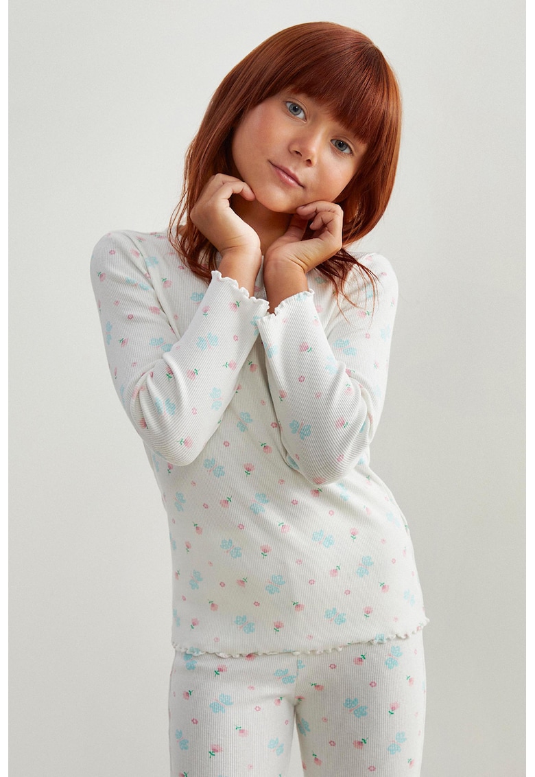 Pijama din amestec de bumbac cu model floral si maneci lungi
