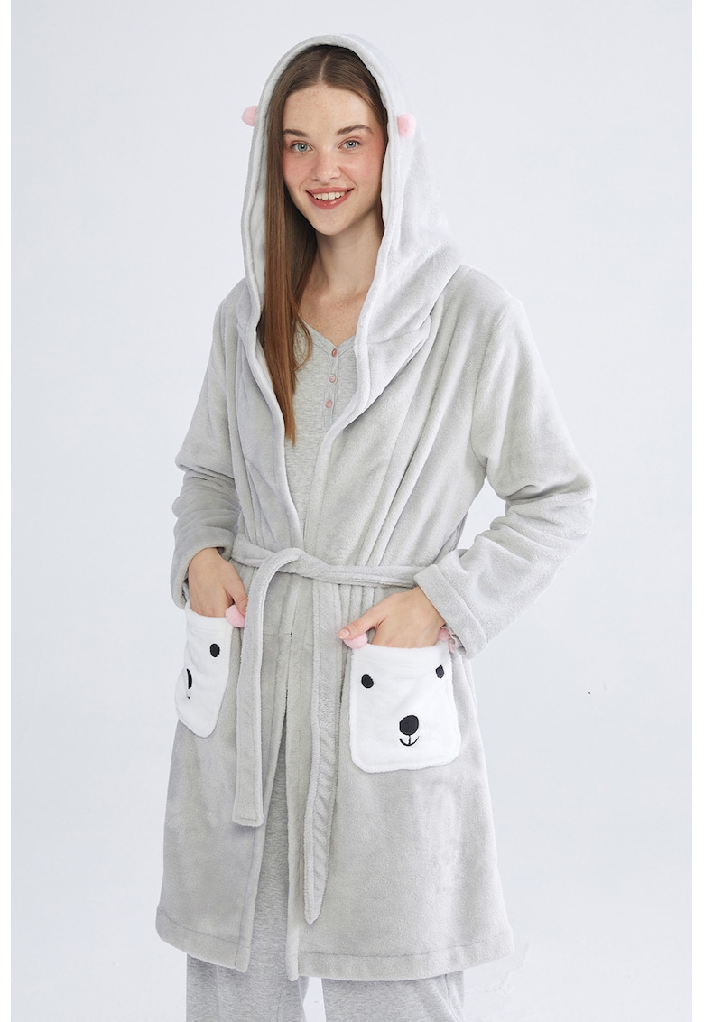 Halat pufos cu gluga si cordon in talie