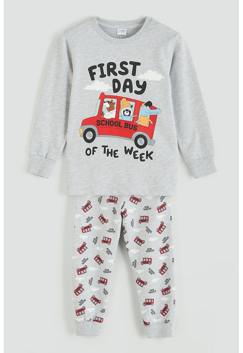 Pijama lunga cu decolteu la baza gatului si imprimeu