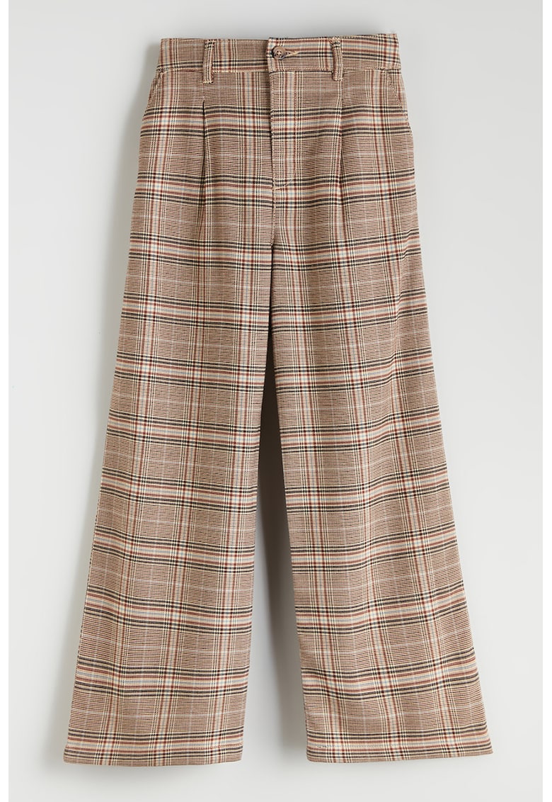 Pantaloni cu model in carouri si talie elastica pe partea din spate - Maro deschis