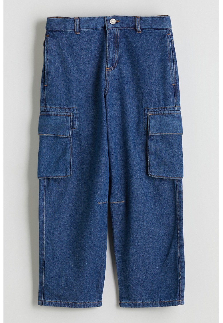 Blugi cargo cu talie medie - Albastru inchis
