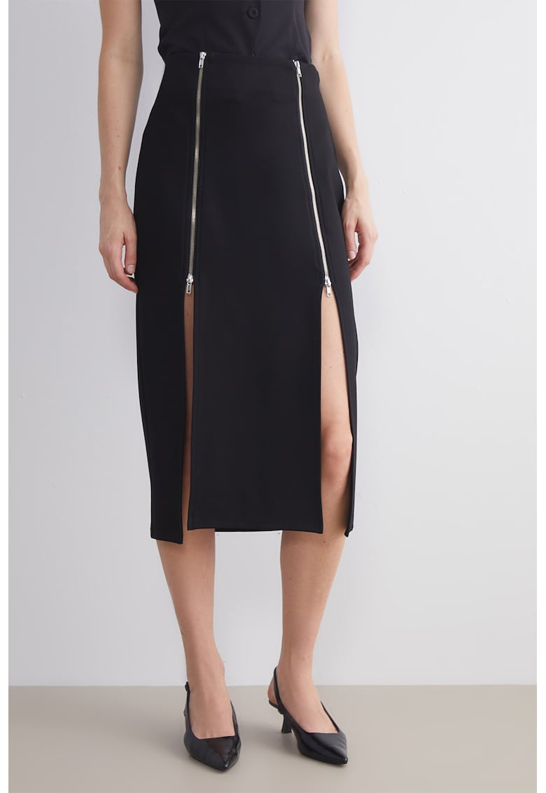Fusta midi cu slituri cu fermoar - Negru