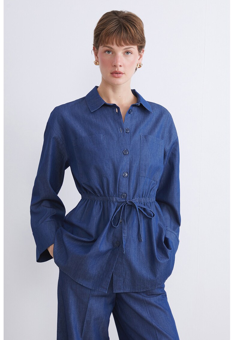 Camasa din denim cu cordon in talie - Albastru inchis