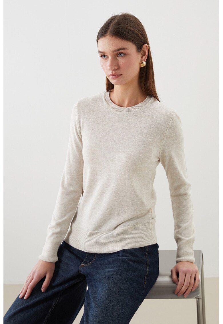 Pulover tricotat fin slim-fit - Bej melange