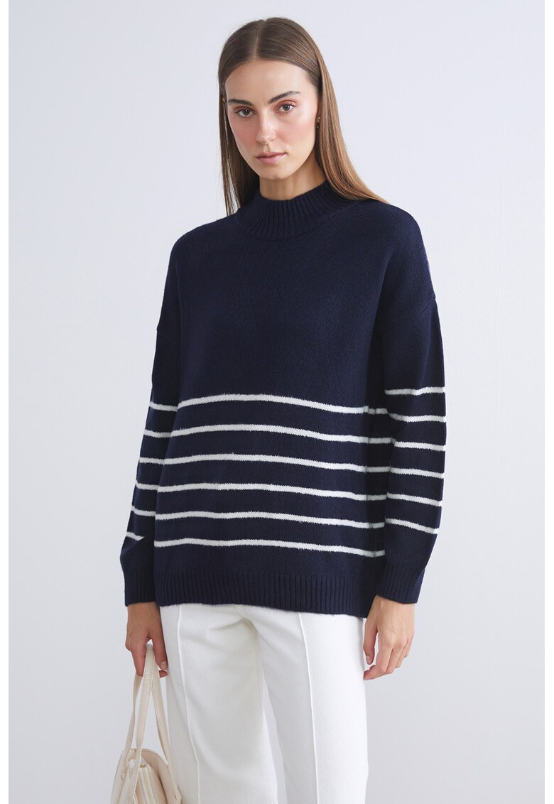 Pulover lejer cu model cu dungi - Alb/Bleumarin