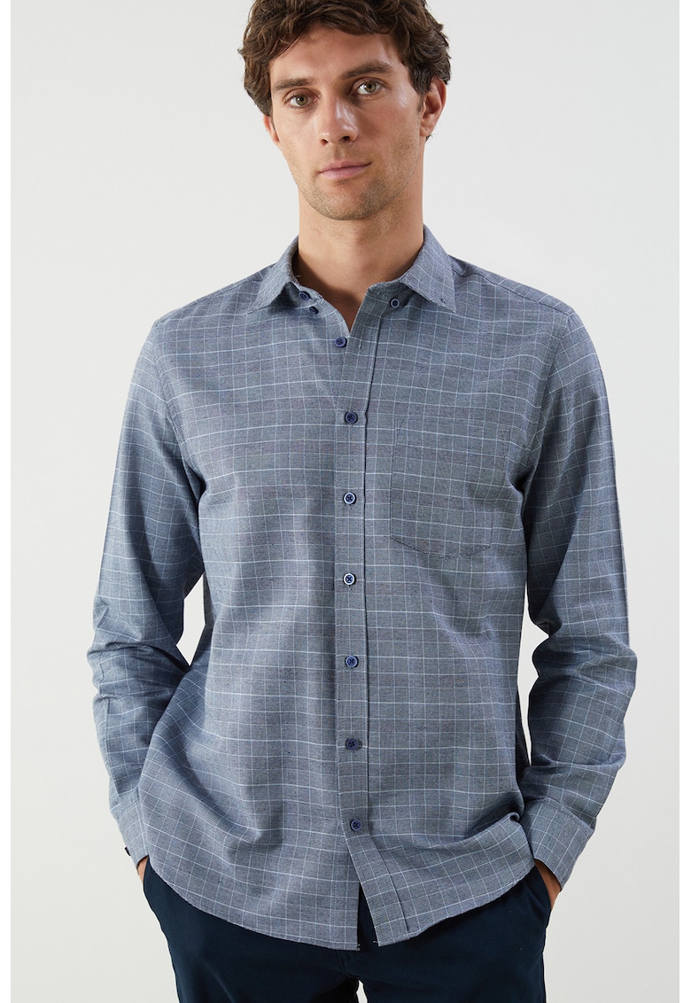 Camasa in carouri cu guler fixat cu nasturi - Albastru