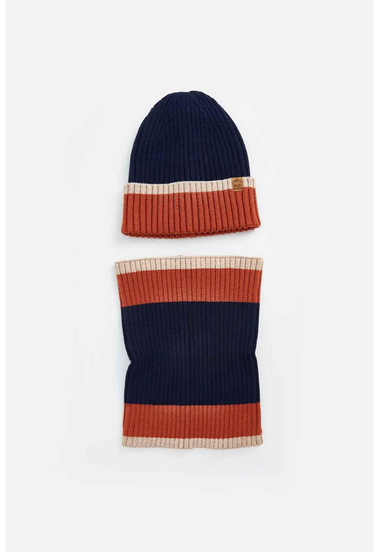Set de esarfa si caciuala din tricot - 2 piese - Bej/Portocaliu stins/Bleumarin