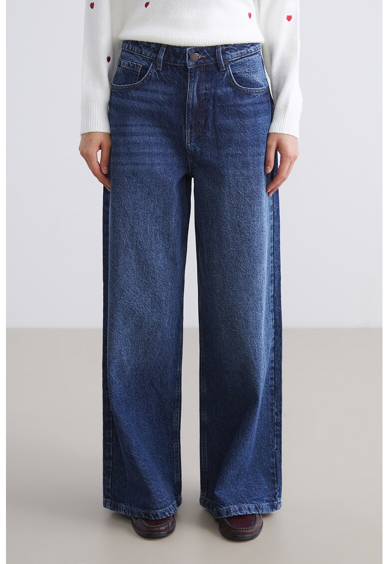 Blugi cu croiala ampla si talie inalta - Albastru inchis
