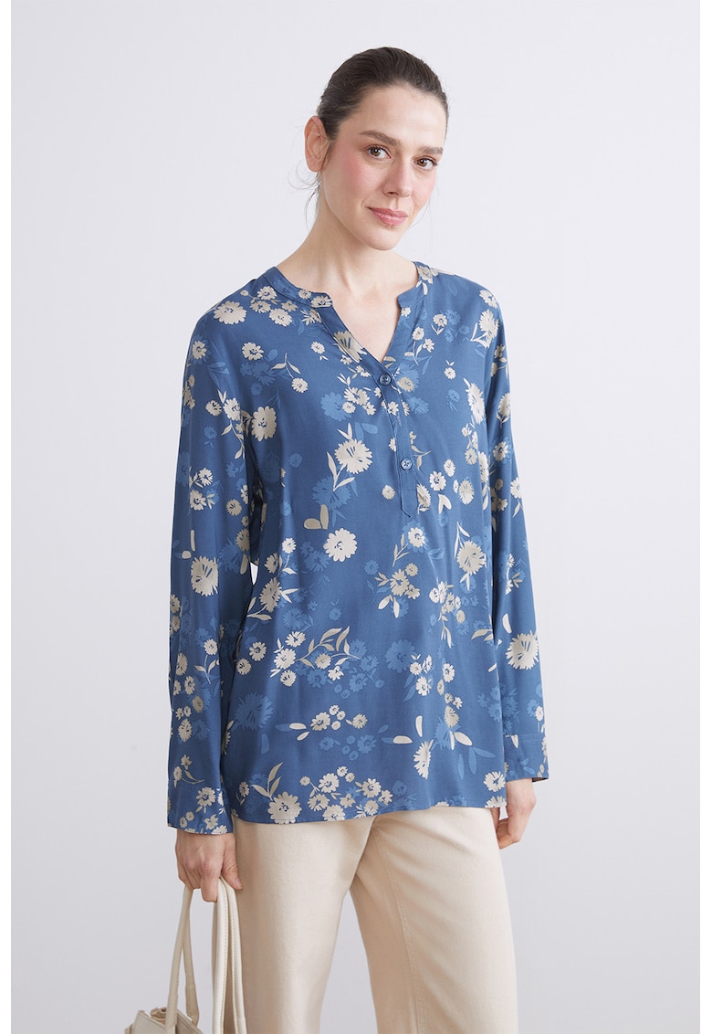 Bluza cu fenta scurta cu nasturi si model - Gri deschis/Albastru inchis/Alb murdar