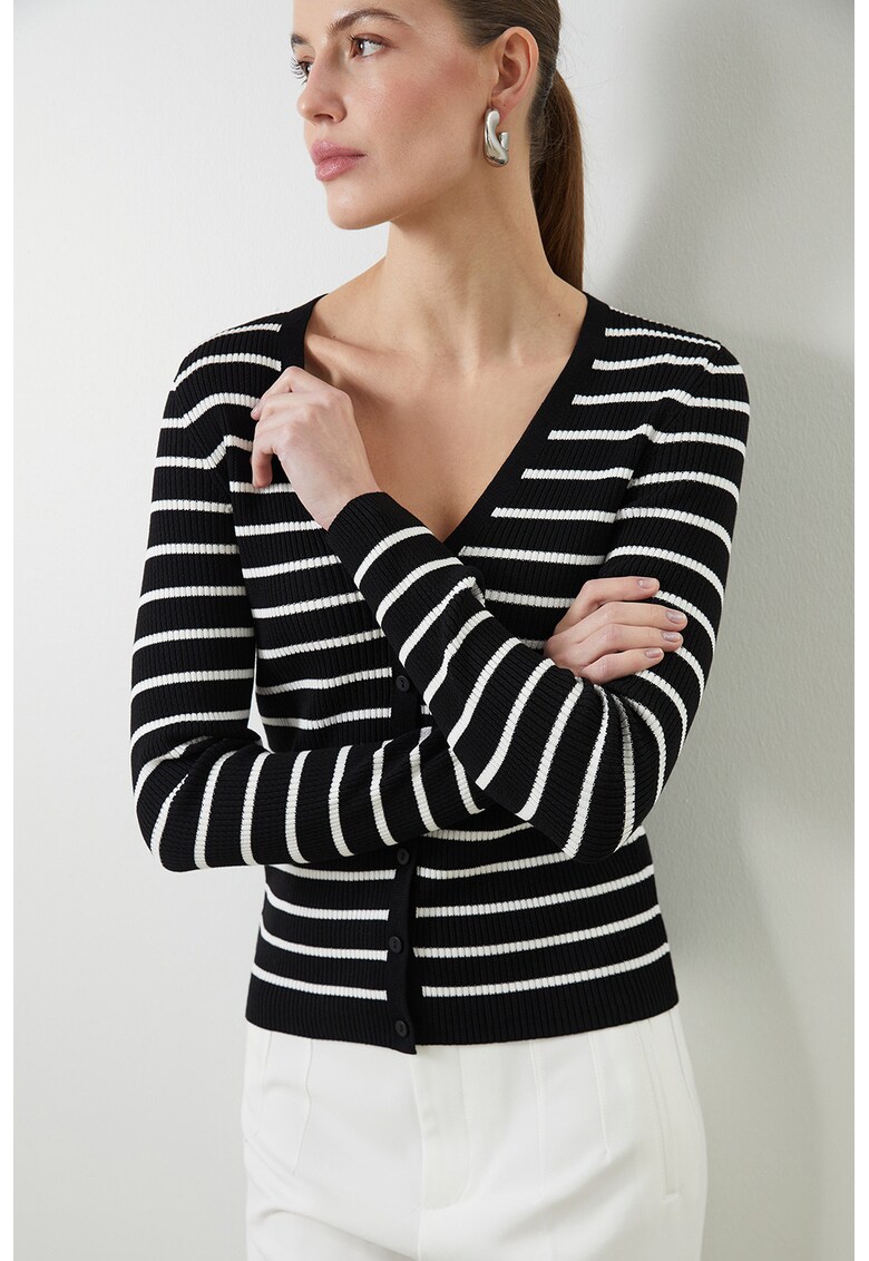 Cardigan cu dungi si decolteu in V - Negru