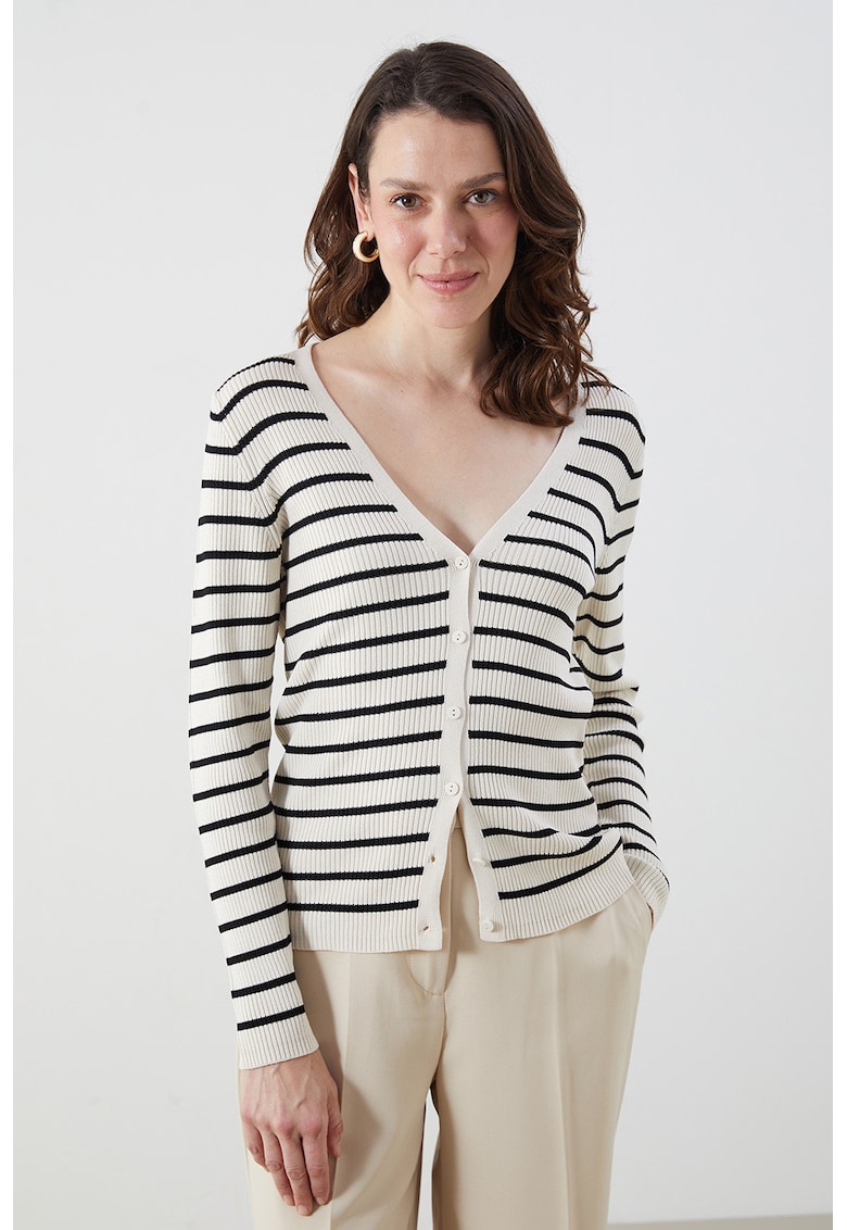 Cardigan cu dungi si decolteu in V - Alb