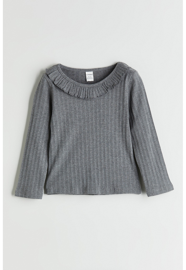 Bluza striata cu guler cu volane - Gri melange