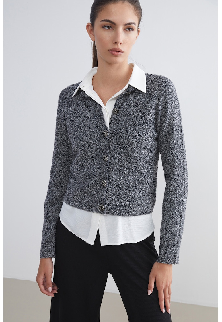 Cardigan cu decolteu la baza gatului si nasturi - Gri inchis melange