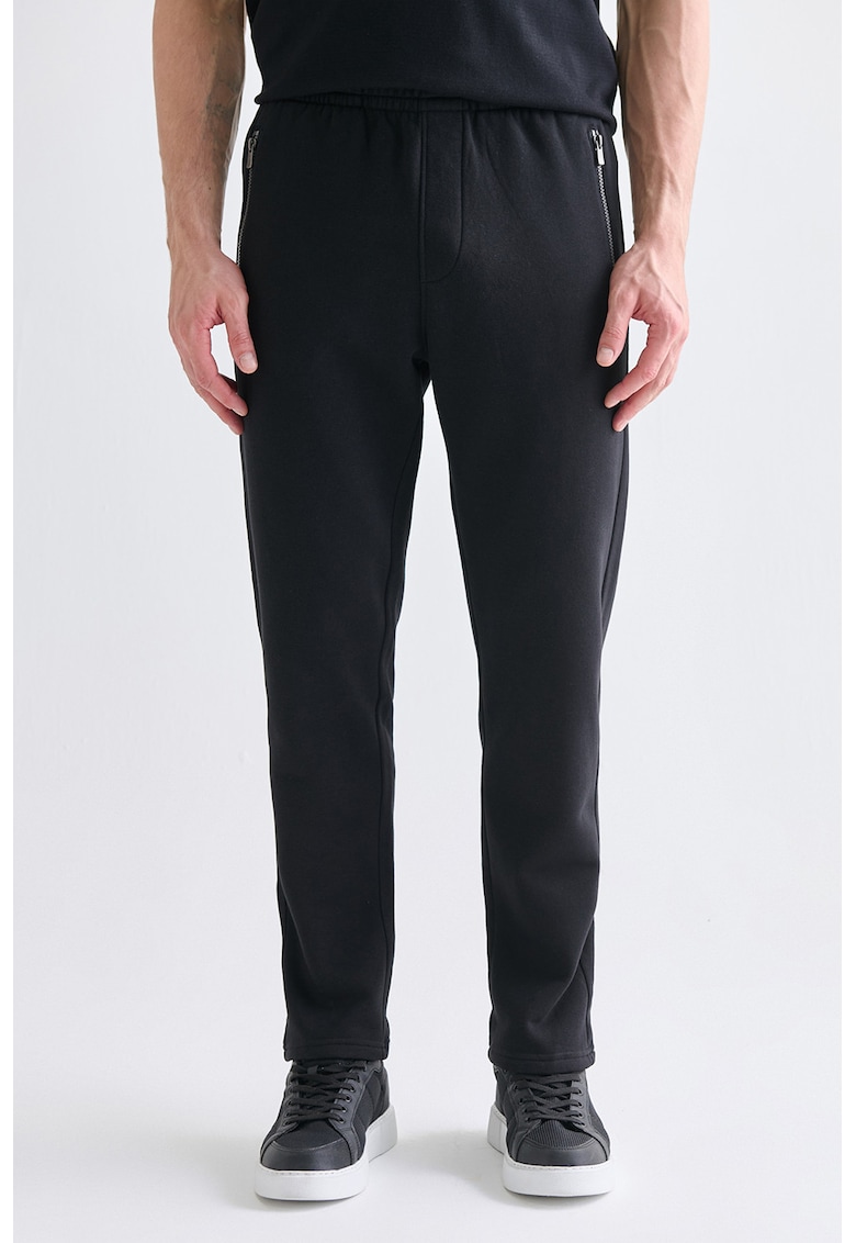 Pantaloni de trening cu croiala dreapta si buzunare cu fermoar - Negru