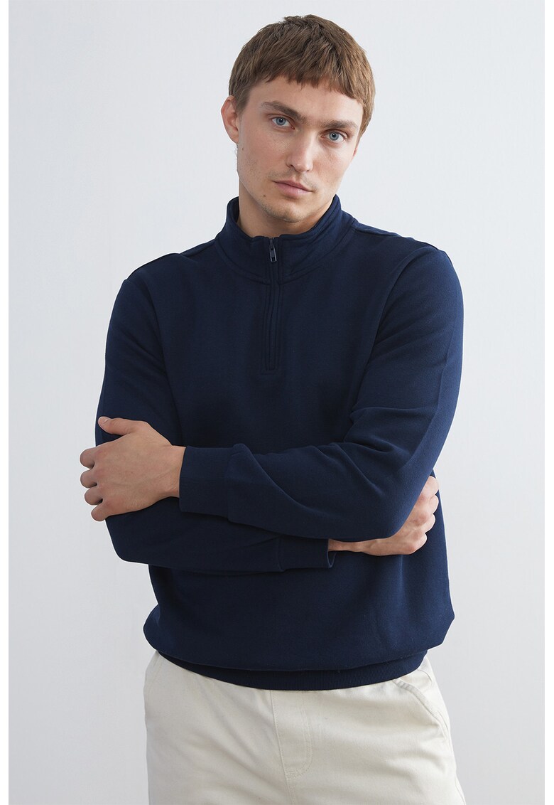 Bluza de trening din amestec de bumbac cu fenta cu fermoar - Bleumarin