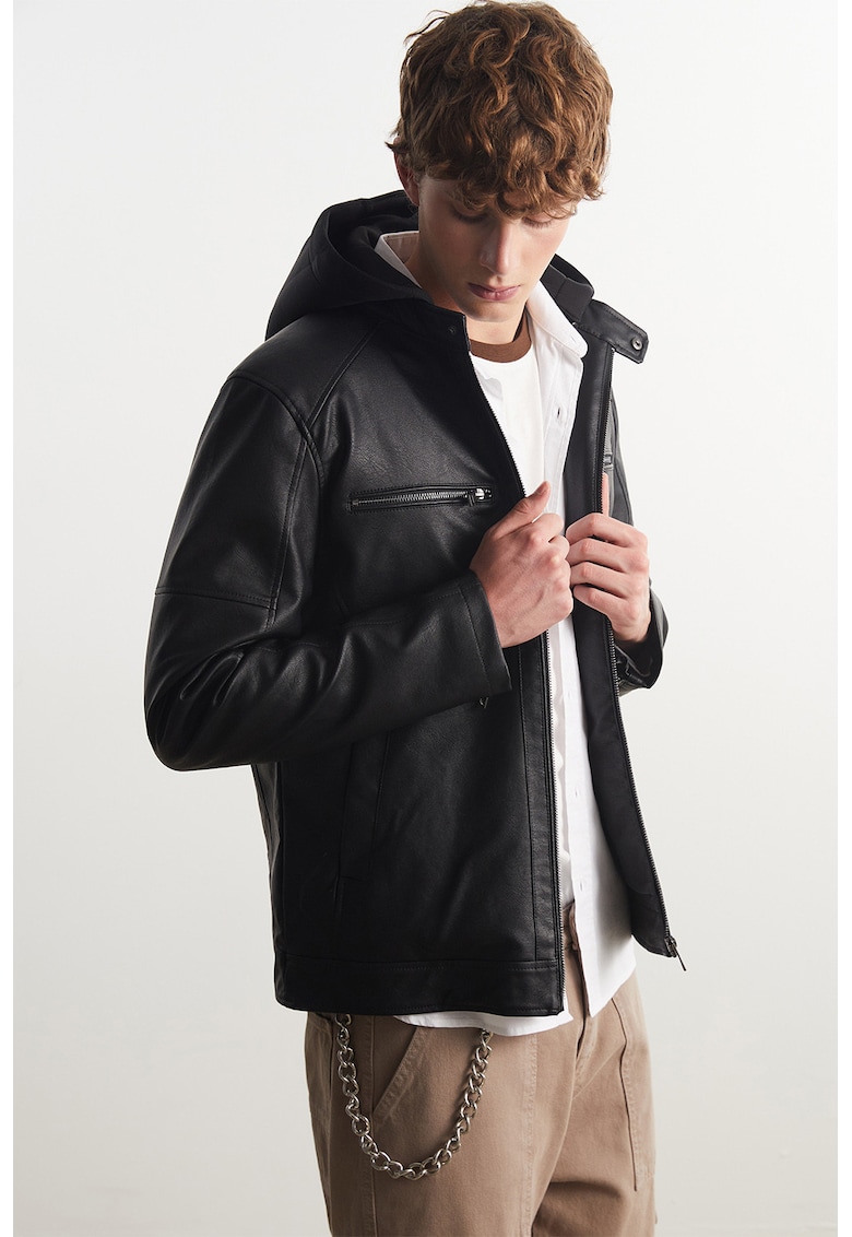 Jacheta de piele ecologica cu gluga