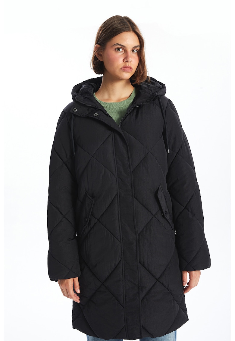 Geaca lunga matlasata cu gluga - Negru