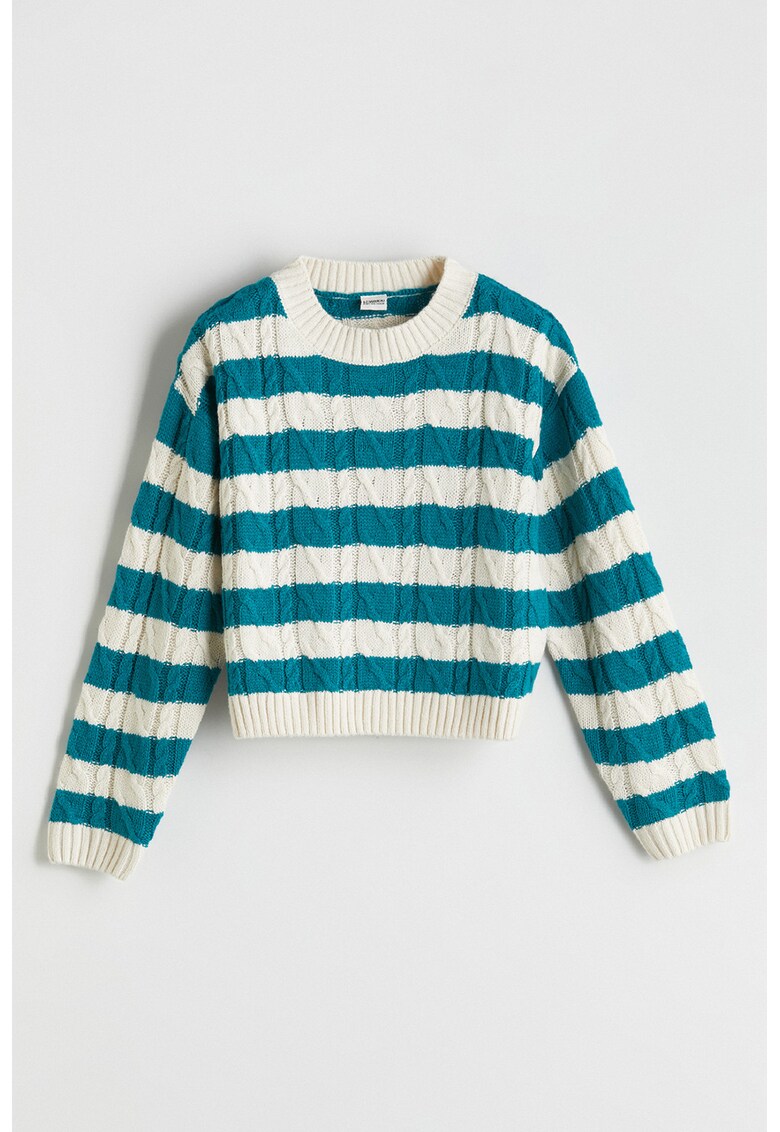 Pulover cu decolteu la baza gatului si model torsade - Alb/Albastru