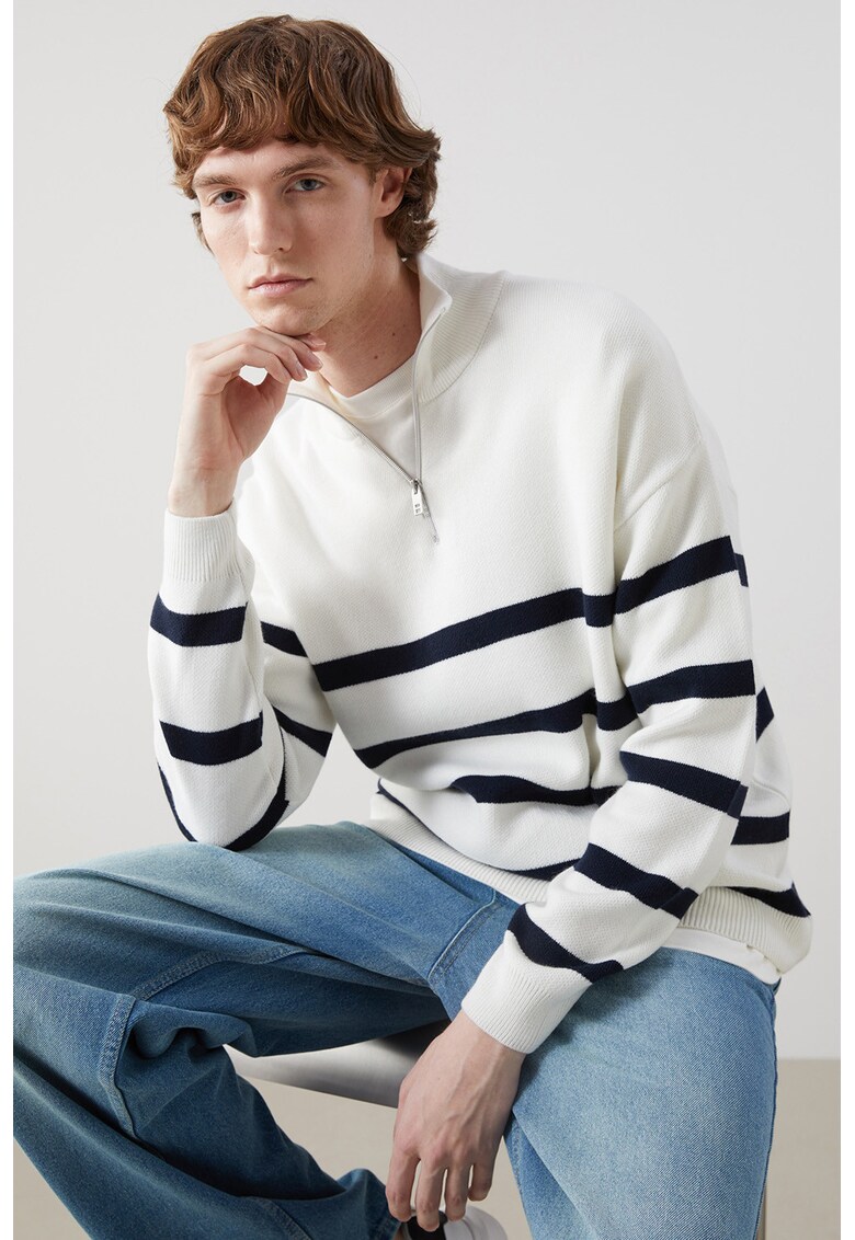 Pulover de bumbac cu fermoar scurt - Alb fildes/Negru