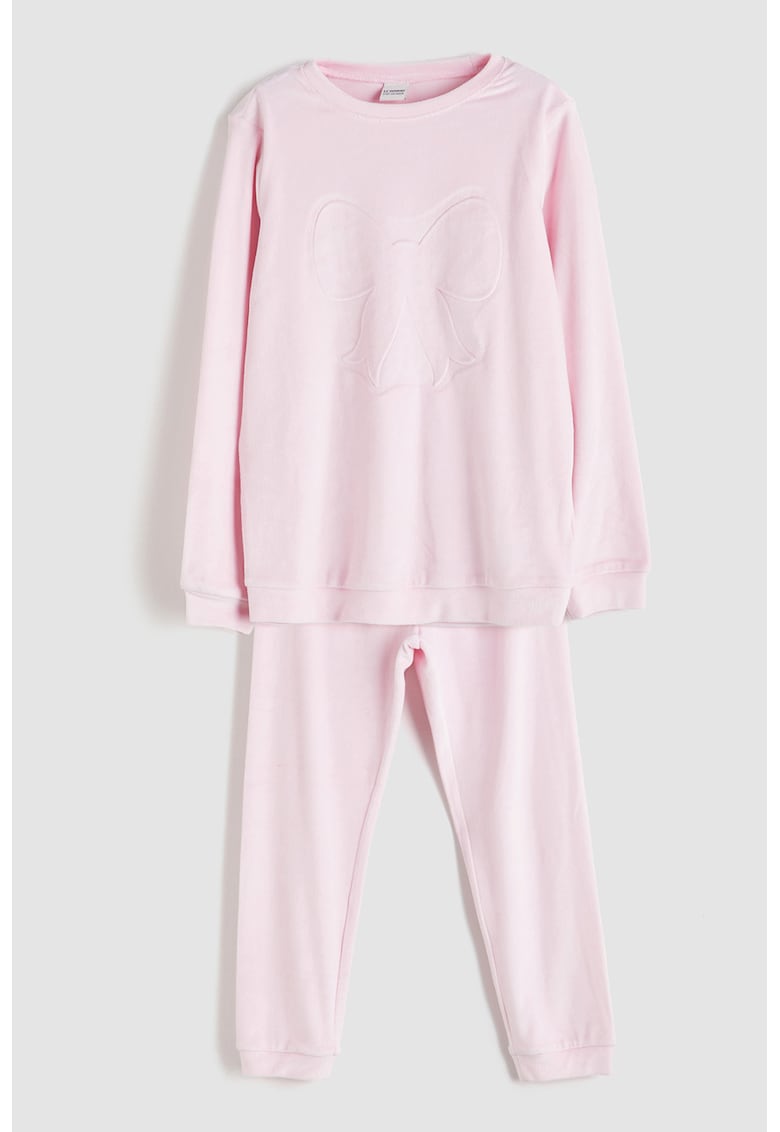 Pijama lunga cu funda in relief - Roz pastel