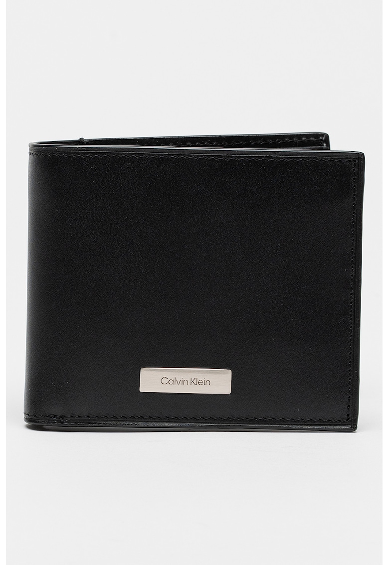 portofel de piele cu logo - Negru