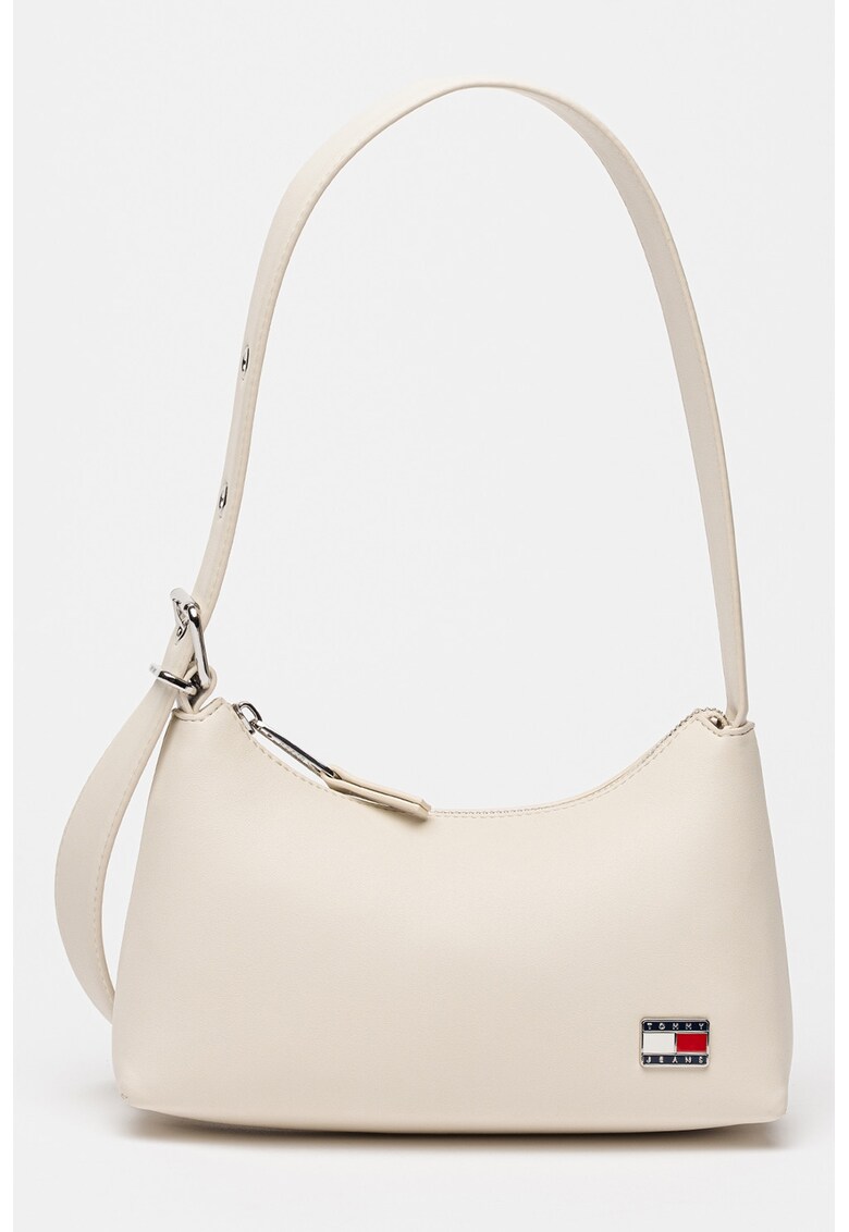 Geanta de piele ecologica cu bareta de umar si logo - Alb fildes