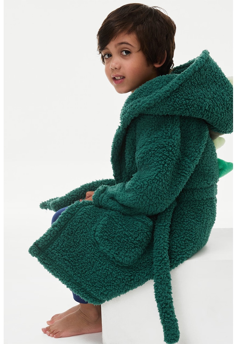 Halat de baie pufos cu cordon in talie - Verde