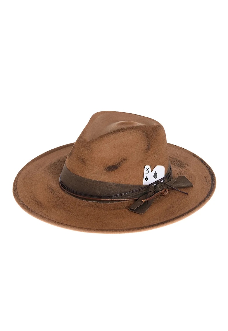 Palarie fedora maro cu panglica si carte de joc