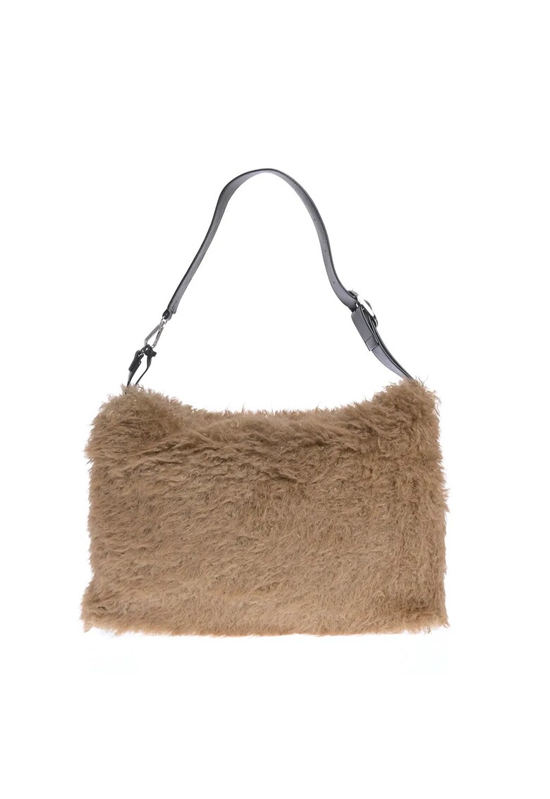 Geanta pufoasa bej cu blanita sintetica si bareta neagra