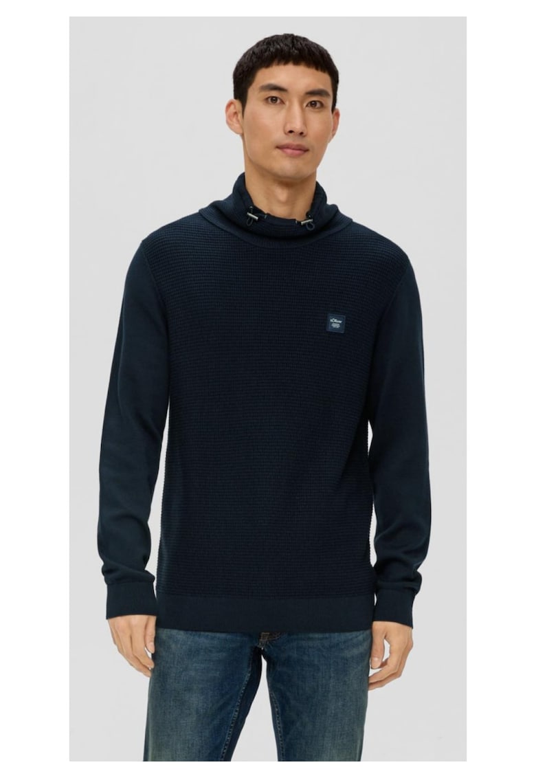 Pulover barbati tricotat cu maneci din jerseu si guler inalt - Bleumarin -