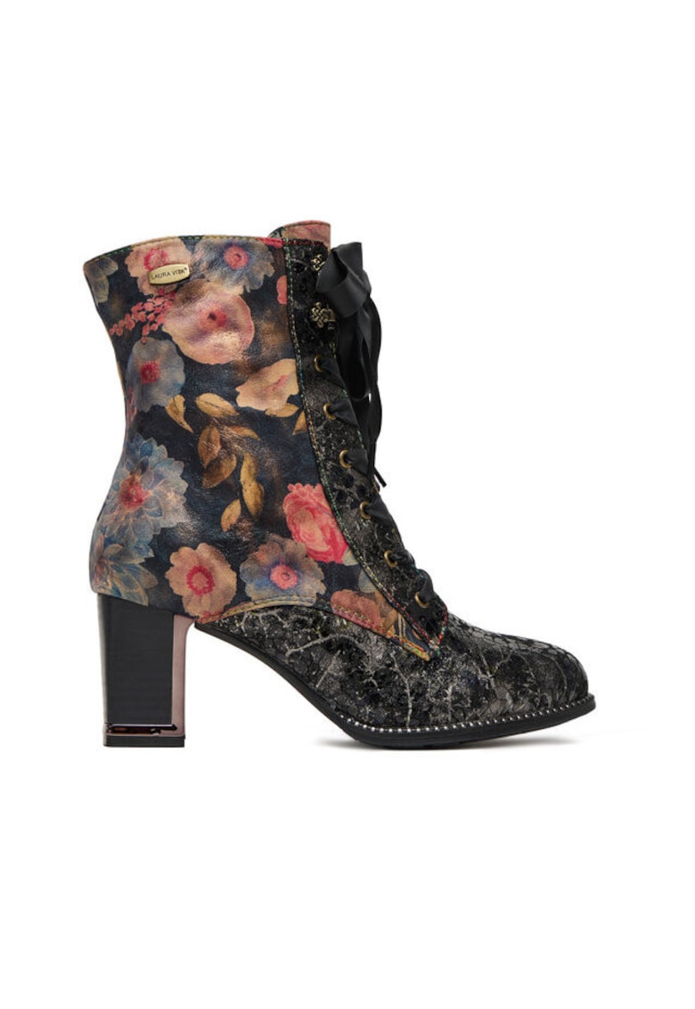 Botine dama Kacio 07 - Floral - Textil - Negru